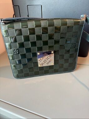 Louis Vuitton Dark Green Damier Patent Leather Bag with Metal Nameplate